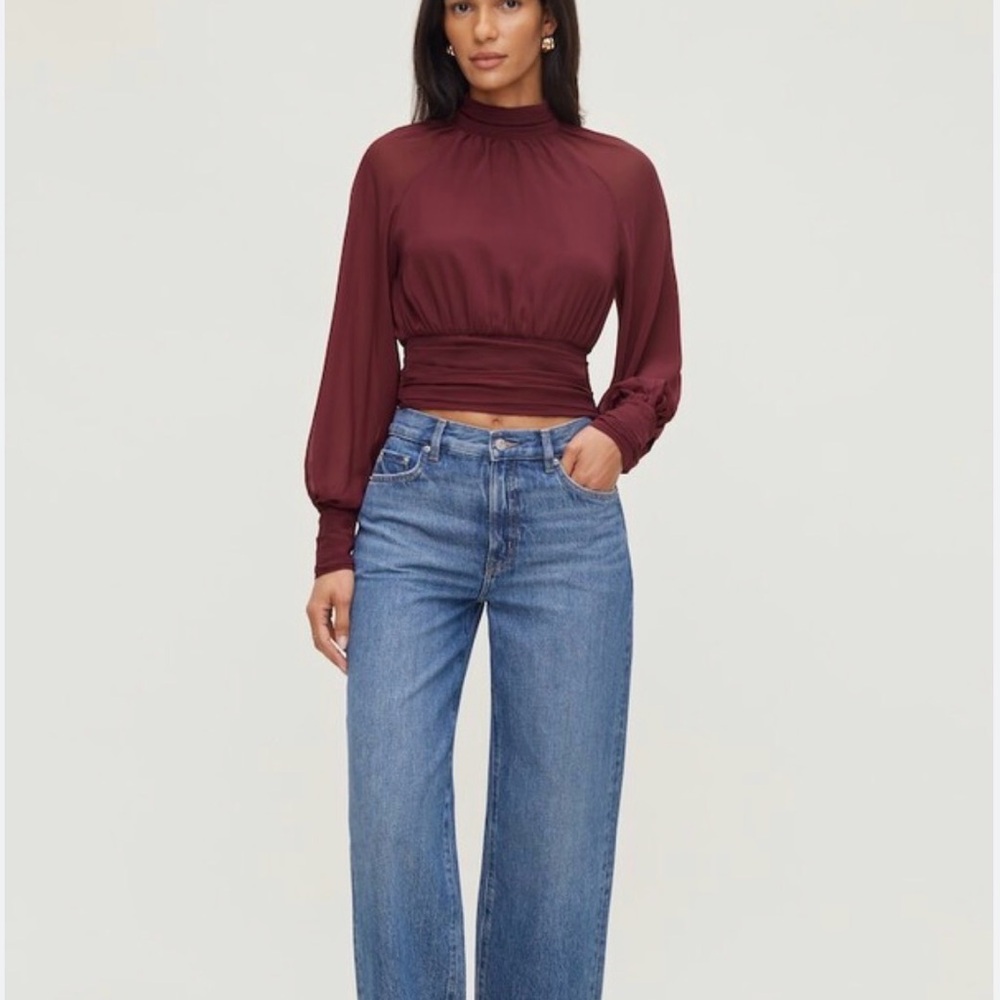 Dynamite High-Neck Blouson Top in Brick Red